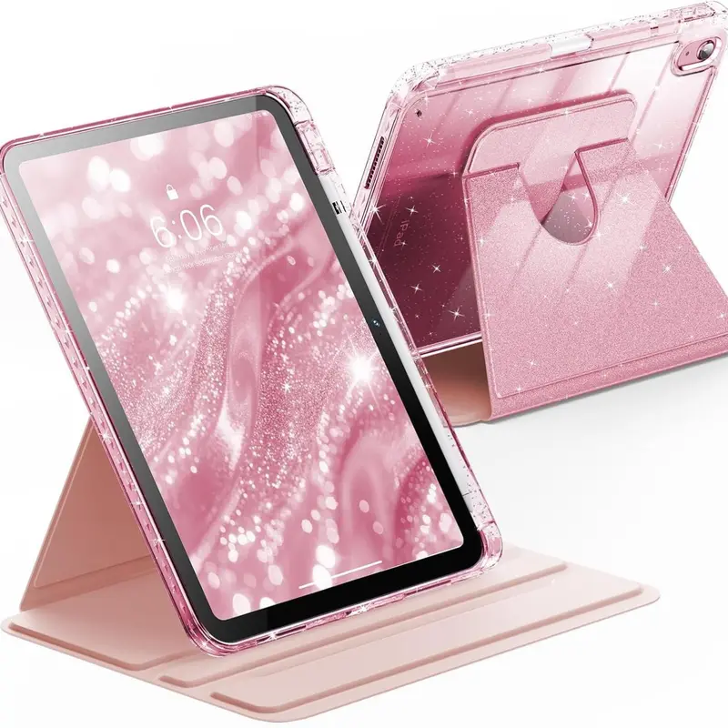 INFILAND 360° Rotation Leather Tablet Case - Glitter Cover with Sparkly Back, Pencil Holder, Cute Accessories, Anti-Slip Surface, Casing Protection for 11th Generation Tablet Casing (Cute Kids)