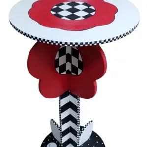 The Poppy Side Table - Red Flower Design with Black and White Checkered Top, Ideal for Home Decor
