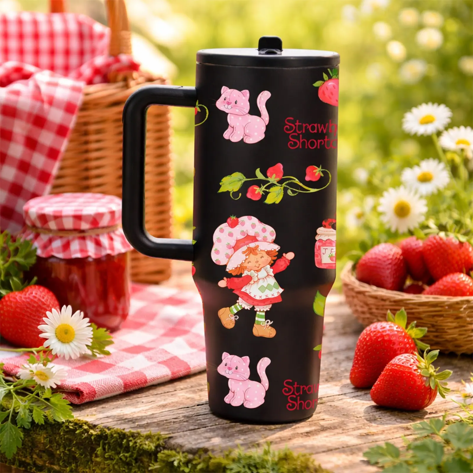 40 oz Strawberry Cartoon Portable Insulated Tumbler with Lid, Straw and Handle, Stainless Steel Vacuum Insulated Travel Mug for Water, Coffee and Tea, Pink Cat Print Gift for Girls and Women, Insulated Travel Cup, Drinkware