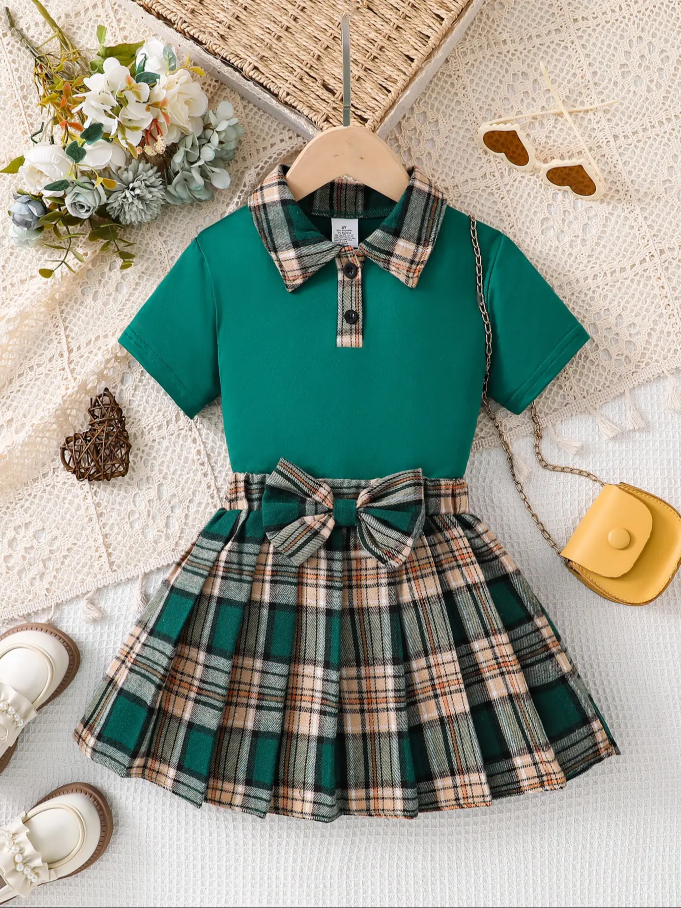 Girls' Summer Polo Collar Plaid Shirt Set, Casual Fitted Short Sleeve Top & Pleated Skirt, Kids School, 2 Piece Set Casual Outfit Set