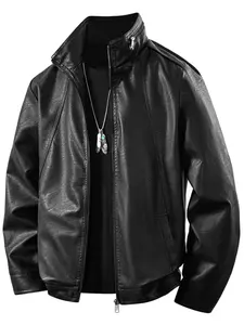 Men's PU Leather Jacket, Retro Style Stand Collar Motorcycle Coat, Slim Fit Patchwork Workwear, Spring & Fall Fashion, Streetwear
