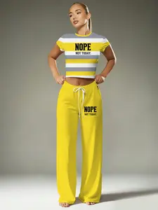 Women's fitted short-sleeve top and loose-fit pants set, featuring a striped lettering print; a stylish Casual summer loungewear set for everyday wear