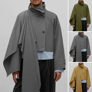 INCERUN Men's Retro Structured Blazer - Breathable Polyester Stretched Spandex Fabric, Long-Sleeve Cape Design, Stand-Up Collar, Casual Fashion Menswear for Spring & Fall