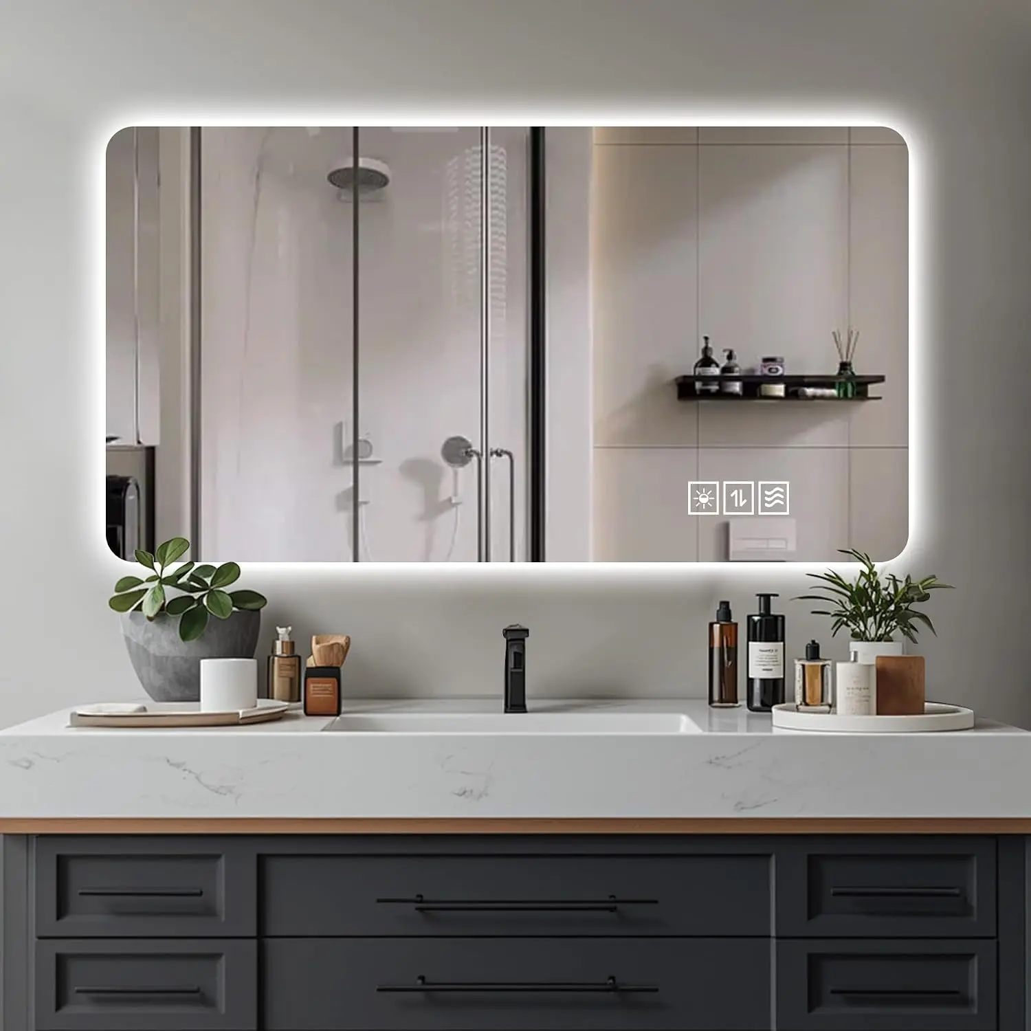 Wall Mounted LED Lighting Bathroom Mirror, Glass Full-Length Makeup Mirror with Anti-Fog Heating, Touch Switch, 3-Color Dimmable Light, 24 x 48 in, Silver