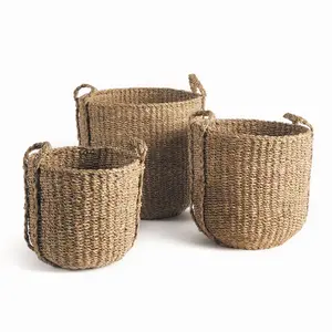 Set of Three Seagrass Round Drum Baskets