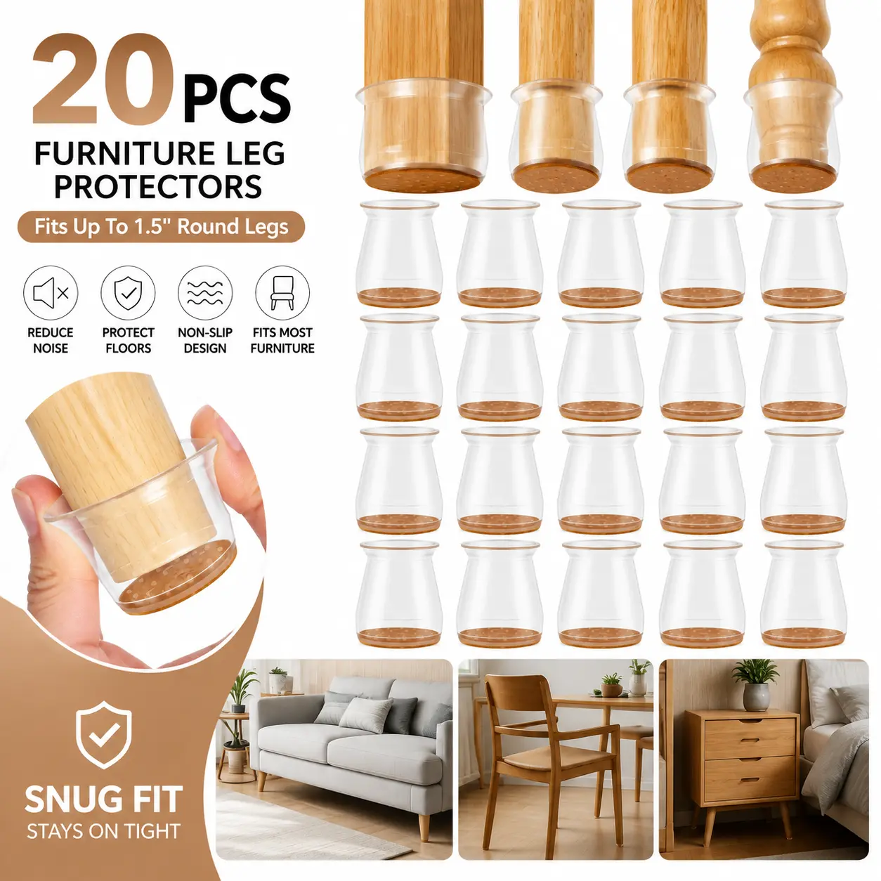 20 Pack Transparent Silicone Furniture Leg Protectors, Felt Base Anti-Slip Noise Dampening Chair Feet Caps, Prevent Floor Scratches, Ideal for Dining Chairs, Tables, Office Desk Chairs, Renters Must Have