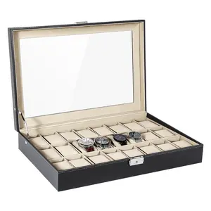 24-Slot Men’s Watch Box, Glass Top PU Leather Organizer with Removable Cushions and Push-Button Butterfly Clasp