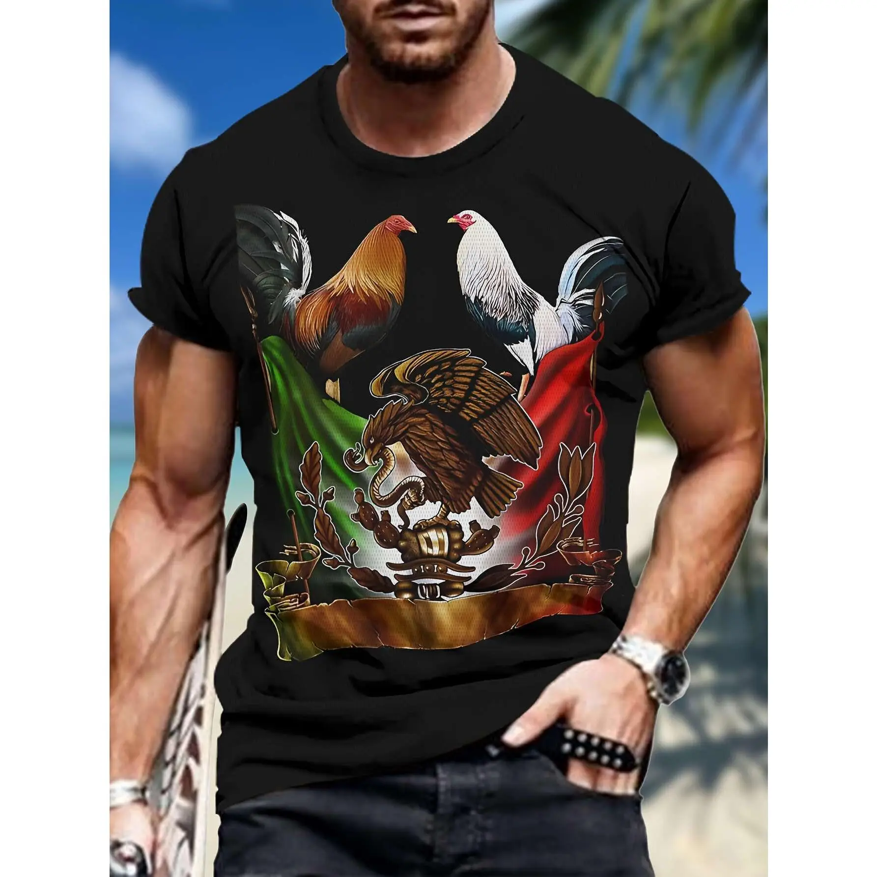 Men's Rooster Graphic T-Shirt - Mexican Flag Design, Breathable Cotton Crew Neck Tee, Loose Fit for Casual & Festive Wear, Short Sleeve, Vibrant Print