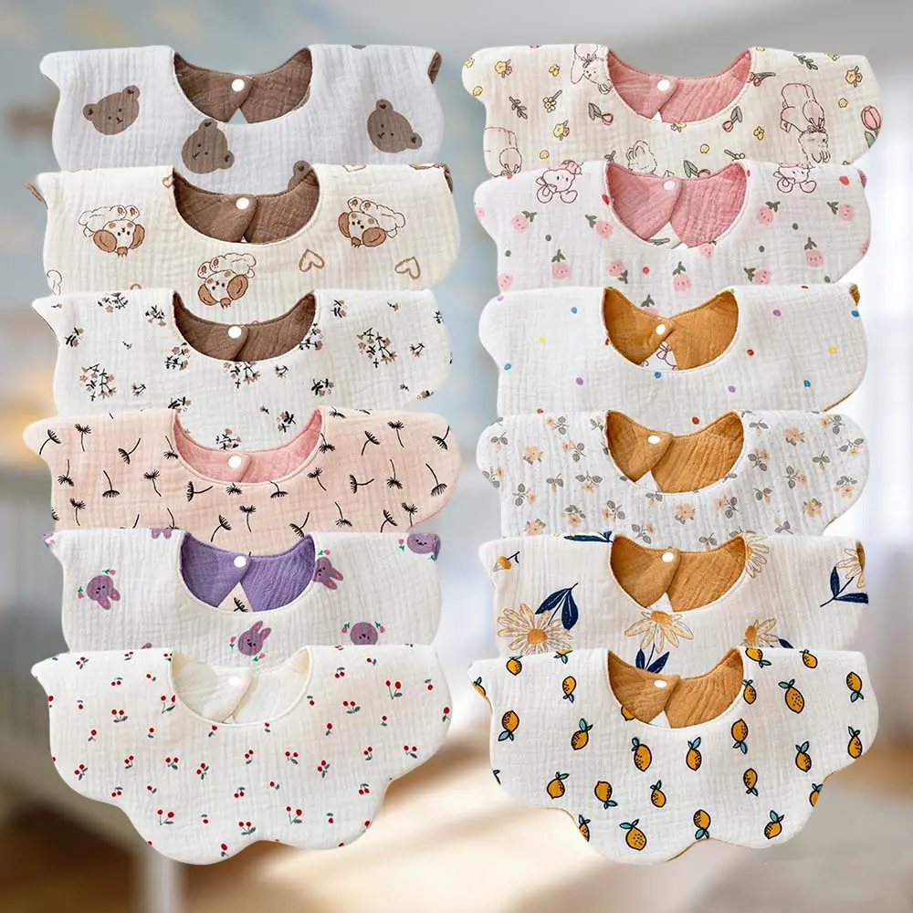 DOSMINE 12-Pack Organic Muslin Baby Bibs for Teething Infants, Reversible and Spill-proof with Snap Closure, Cartoon & Solid Prints, Baby Shower Gift Set, Teething Safe Bibs & Burp Cloths, Muslin Cloth, Spill-Proof Bibs & Burp Cloths