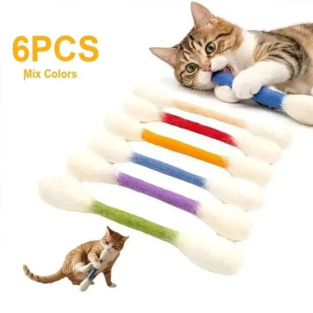 6 Pack Giant Q-tip Shaped Cat Toys, Soft Felt Cotton Swab Teething Sticks, Durable Interactive Indoor Kitten Chew Toys, Anxiety Relief Boredom Relief Pet Accessories, Dental Cleaning Play Gifts for Daily Cat Entertainment