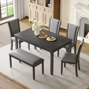 6-Piece Dining Table Set with Bench and Chairs, Wooden Dining Table Set for 6, Modern 6 Person Dining Table Set for Dining Room, Kitchen, Grey(High end and high-quality)