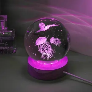 3D Jellyfish Laser Engraved Crystal Ball LED Night Light Versatile Room Decoration Perfect Gift for Women Friends Couples Kids Families on Any Holiday