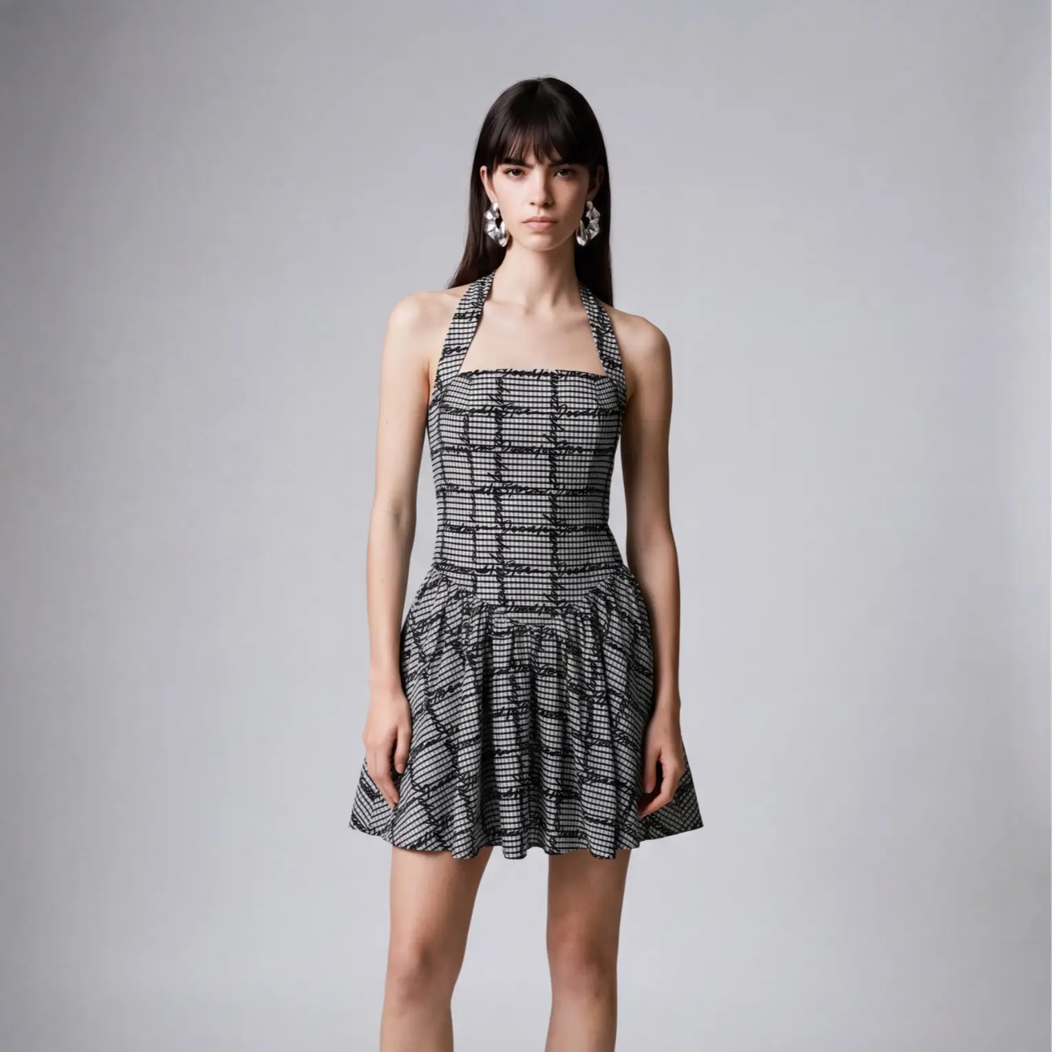 URBAN REVIVO Checkered Script Print Stretch Fabric Halter Neck A-Line Mini Dresses