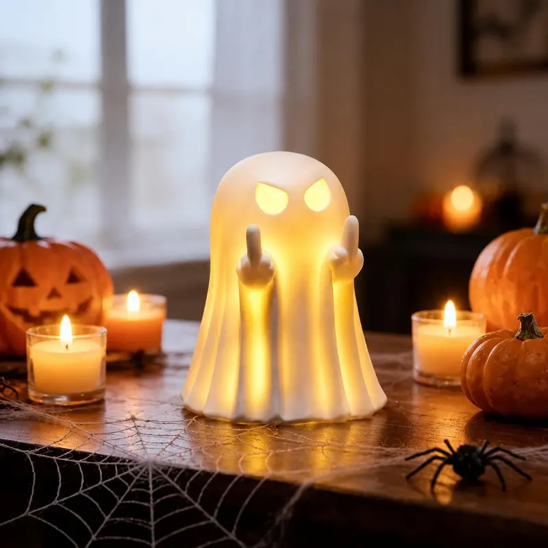 LED Halloween Ghost Figurine, Spooky Resin Middle Finger Ghost Decor Ornaments, Desktop Sculpture Halloween Decoration for Porch Home, Halloween Gifts