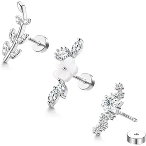 FIASASO 3PCS Standard Size Earrings Set, 16G Hypoallergenic Flat Back Ear Studs, 18K White Gold Plated Opal CZ Earrings for Women, 3 Styles Helix Pierced Cartilage Conch Jewelry
