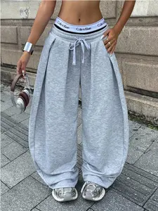 2025 New Women's High-Waisted Wide-Leg Pants, European and American Style, Light Gray Cotton Hip-Hop Trousers