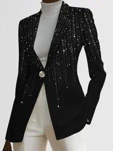 Women's Autumn Outdoor Asymmetrical Star Striped Geometric Print Blazer Jacket, Long Sleeve, Casual Fitted Regular Length, Spring & Fall Fashion