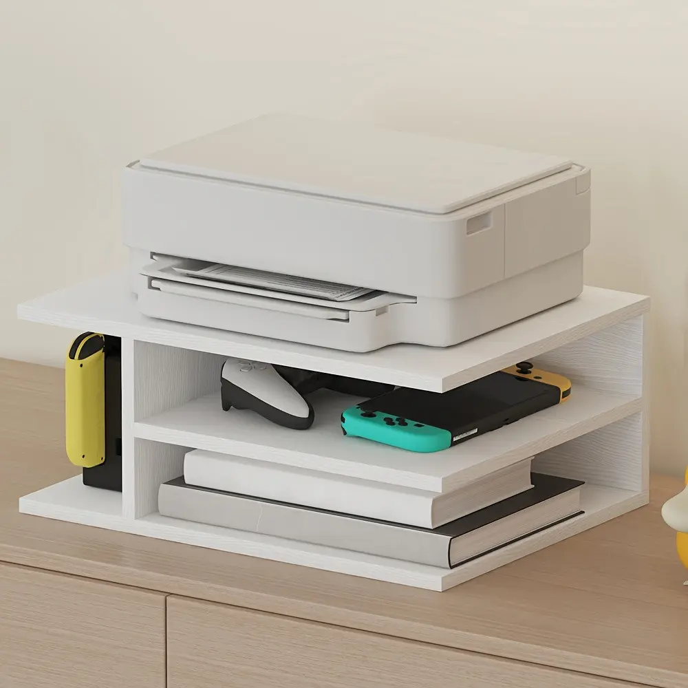 White Desktop Organizer for Office - Multi-Layer Storage Holder for Students/Home Use, Stores Files, Stationery, A4 Paper, Lifts Printer, No-Open Design, Simple & Practical, Elevates Your Printer