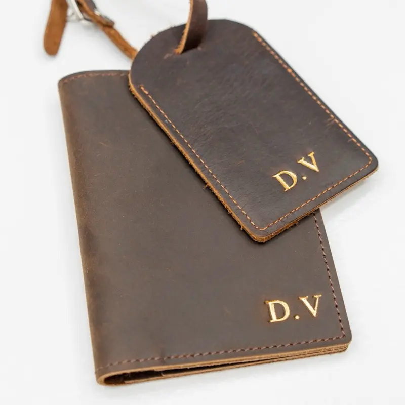 Monogrammed Passport Holder / Luggage Tag, Cowhide Leather with Secure Zip Closure & Multiple Card Slots for Travel Brown Classic Accessory