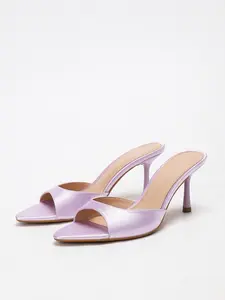 Lavender Satin Pointed Toe Mules High Heels, Elegant Open Toe Thin Heel Sandals, Sparkling Party Wedding Shoes for Women