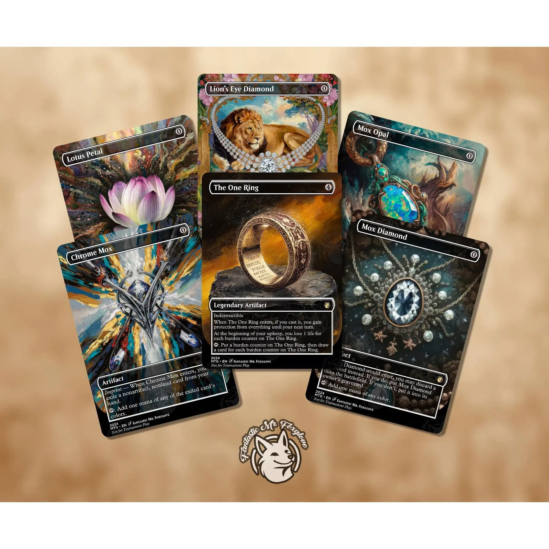 6 Artifact Staples for Legacy | Proxy Cards — The Ring, Chrome Mox, Mox Opal, Mox Diamond, Lotus Petal, Lion's Eye Diamond