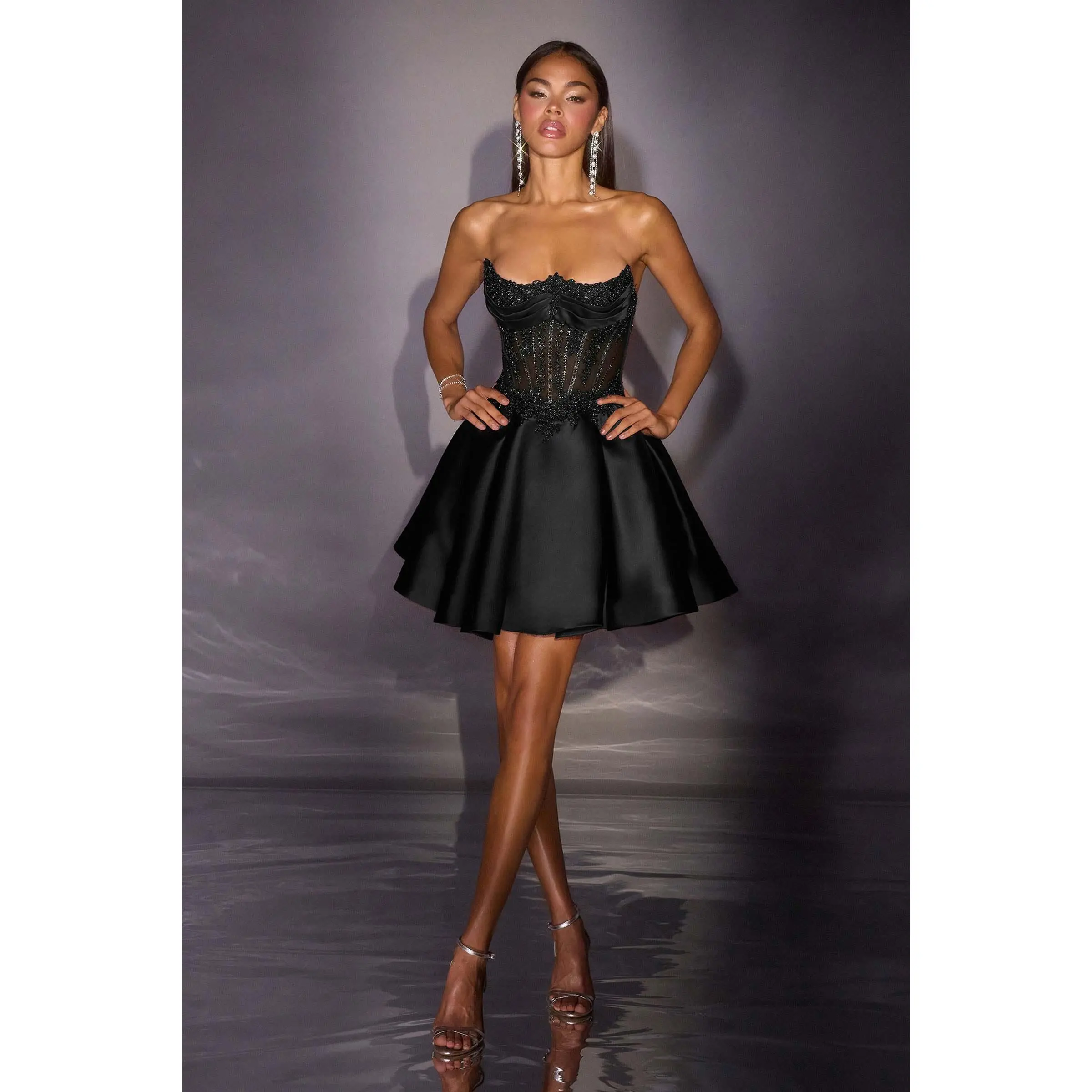 Women's Formal Crystal-Embellished Strapless Sweetheart Neck Corset Mini Dress - Zipper Closure, Sheer Bodice, Satin Fit-and-Flare Skirt, Structured Waist, Elegant Glam Style for Birthday, Homecoming, Cocktail Events, Sleeveless, Crystals, Satin Skirt
