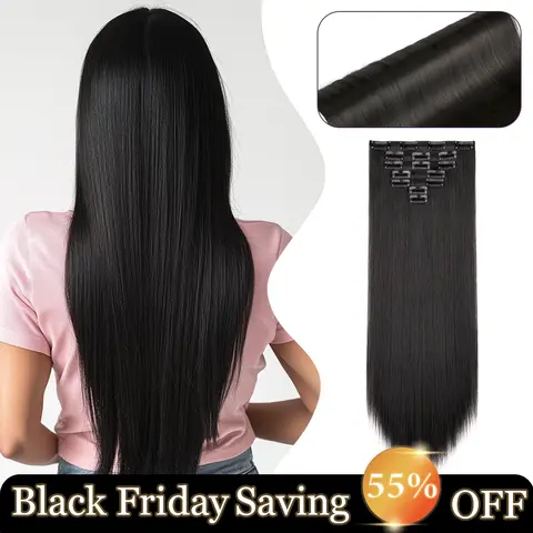 Cephermer 23inches Clip-in Synthetic Hair Extensions Long Straight 7PCS Natural Hairpieces for Women Lace Weft Light Weight All Day Comfort for Daily Party Black Friday & Christmas