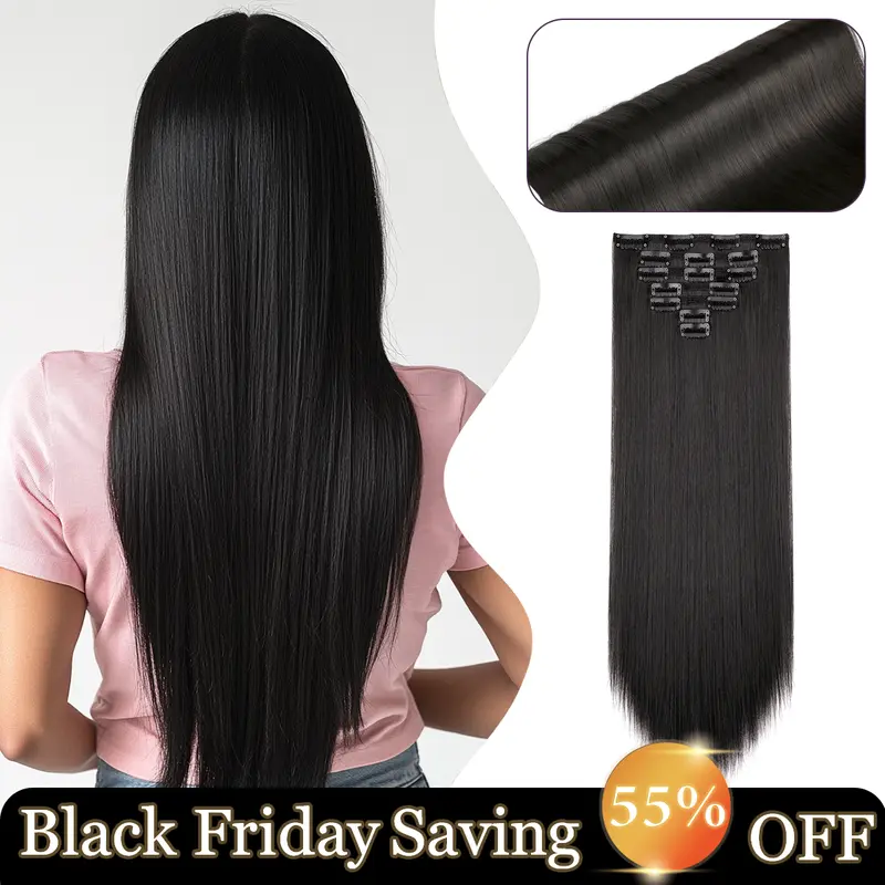 Cephermer 23inches Clip-in Synthetic Hair Extensions Long Straight 7PCS Natural Hairpieces for Women Lace Weft Light Weight All Day Comfort for Daily Party Black Friday & Christmas