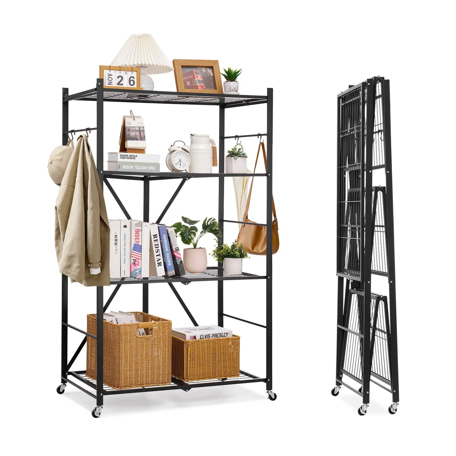VEVOR 4-Tier Foldable Metal Shelving, 36Wx21Dx60H in Tool-Free Multi-Layer Storage Rack, No-Assembly Organizer with 5 Wheels, 4 Hooks & Buckles for Bathroom, Office, Garage, Carbon Steel