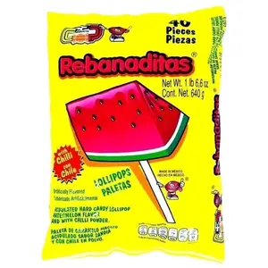 REBANADITAS PALETA - Acidulated Hard Candy Lollipop, Watermelon Flavor Covered With Chilli Powder / 40 Pieces Bag  /