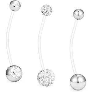 14G 1 1/2 Inch CZ Sports Pregnancy Maternity Flexible Bioplast Long Belly Button Rings Navel Retainer Body Piercing Set of 3