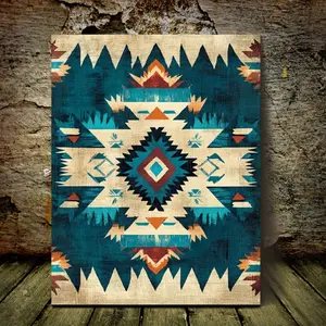 1 piece of South and Central American Indian tribal geometric pattern sapphire canvas art print, Decorative Artwork - pine wood frame for home, office decoration - 29.97cm x 39.88cm, Mexican home decor, office artwork, Traditional patterns