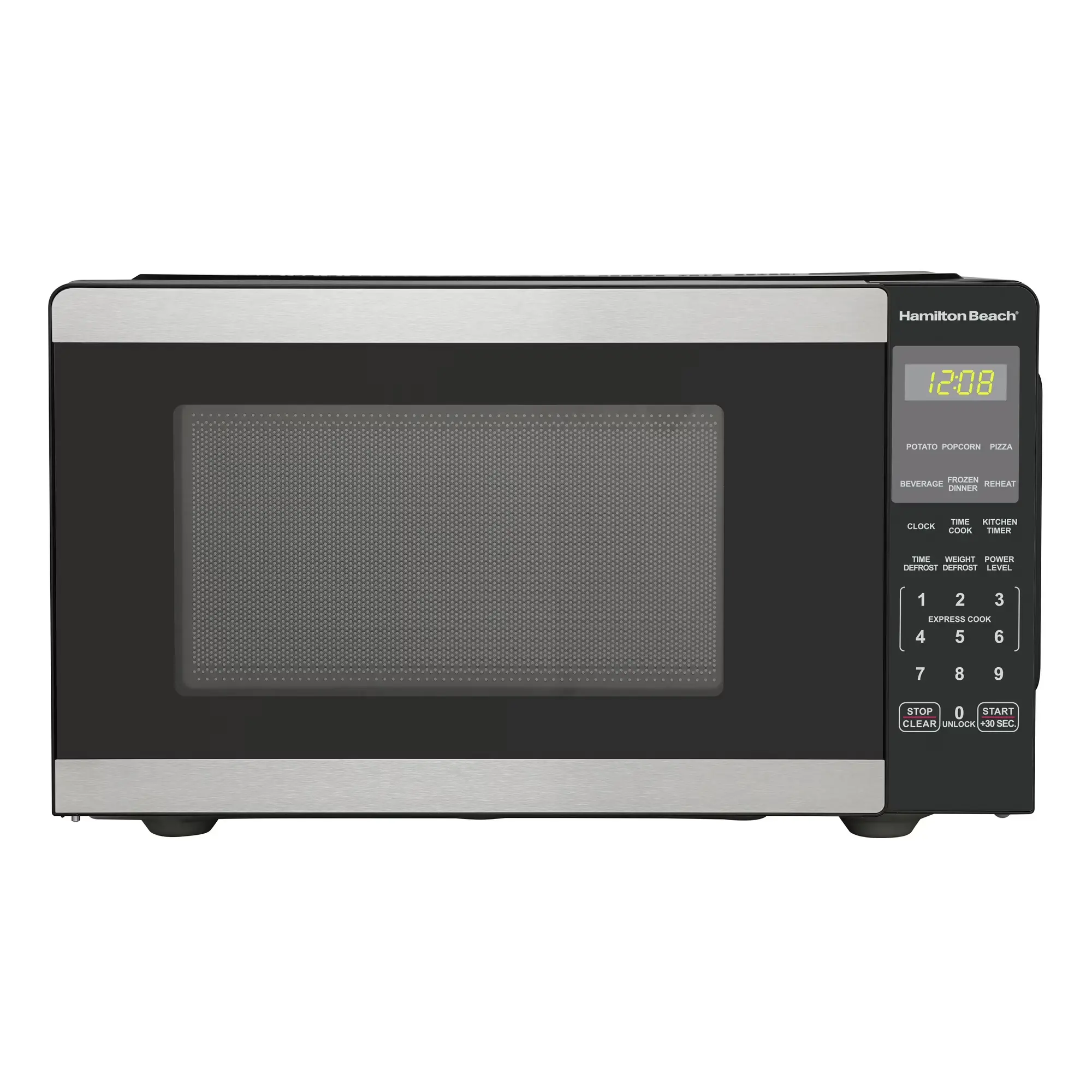 Hamilton Beach 0.9 Cu ft Countertop Microwave Oven, 900 Watts, Black Stainless Steel, New