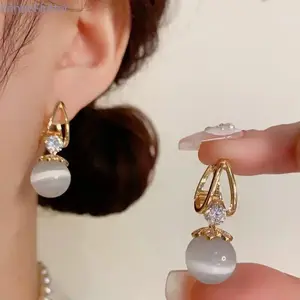 FringeFlutter Cat's Eye Hoop Earrings | Stylish Minimalist Design Sparkling Crystal Ball Dangle Earrings, Fashion Jewelry Gift for Women