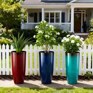 Glitzhome 30"H Set of 2 Oversized Faux Ceramic Tall Plastic Garden Planters for Home Improvement, Flower Display