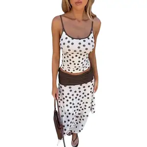Polka Dot Thin Strap Slim Fit Camisole & High Waist Flowy Maxi Skirt Two Piece Set Women's 2026 Spring Stretchy Elastic Outfit Comfortable Casual Chic Daily Wear Two-Piece Suit