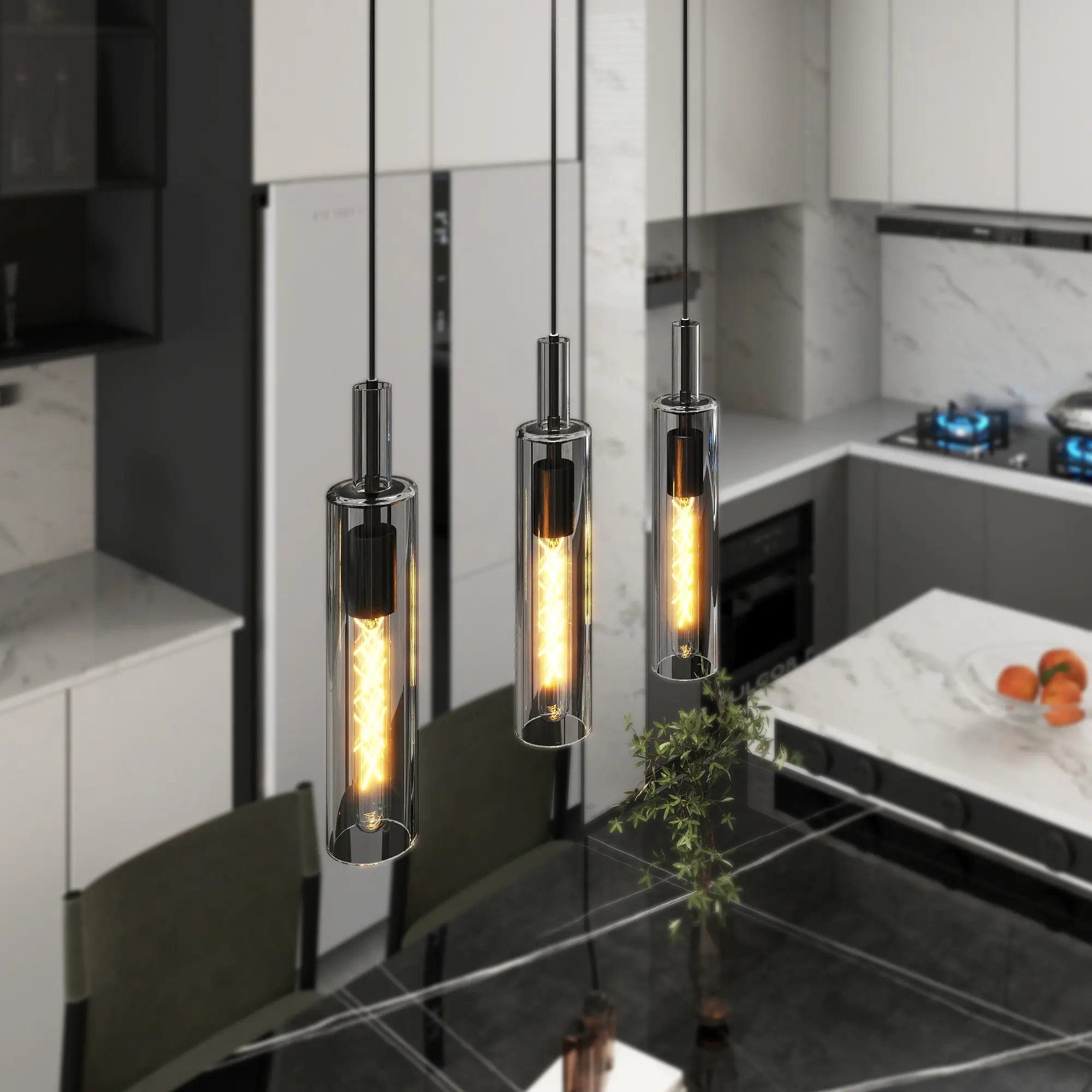 3-Pack Black Industrial Hard-Wired AC Ceiling Hanging Lights, Adjustable Height, Contemporary Glass Shades, Metal Frame Indoor Lighting for Kitchen Island, Dining Room (No Bulbs Included)