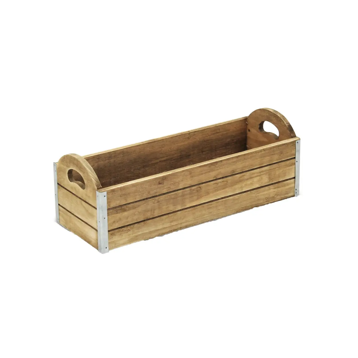 Rattan Wooden Rectangular Ledge Planter with Metal Border Accents, Side Handles & Plastic Liner, 1.5 lbs, 4" h x 5.25" w x 14.25" l, Home Improvement Garden Pot, Accent Decor