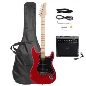 Stylish Red 6-String Electric Guitar Kit for Beginners, 22 Frets, Basswood-Maple Build, Black Pickguard, 20W Amplifier, Bag, Strap - Guitar Accessory Gift Set