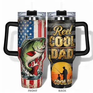 1pc Stainless Steel Cup 40oz/30oz/22oz/20oz Water Bottle, Funny Design With American Flag Fishing Bass Reel Cool Dad Tumbler, Insulated Coffee Tumbler, Double-layer insulation Insulated Travel Drinkware Leakproof Large Capacity, Needed for Gym, Hiking