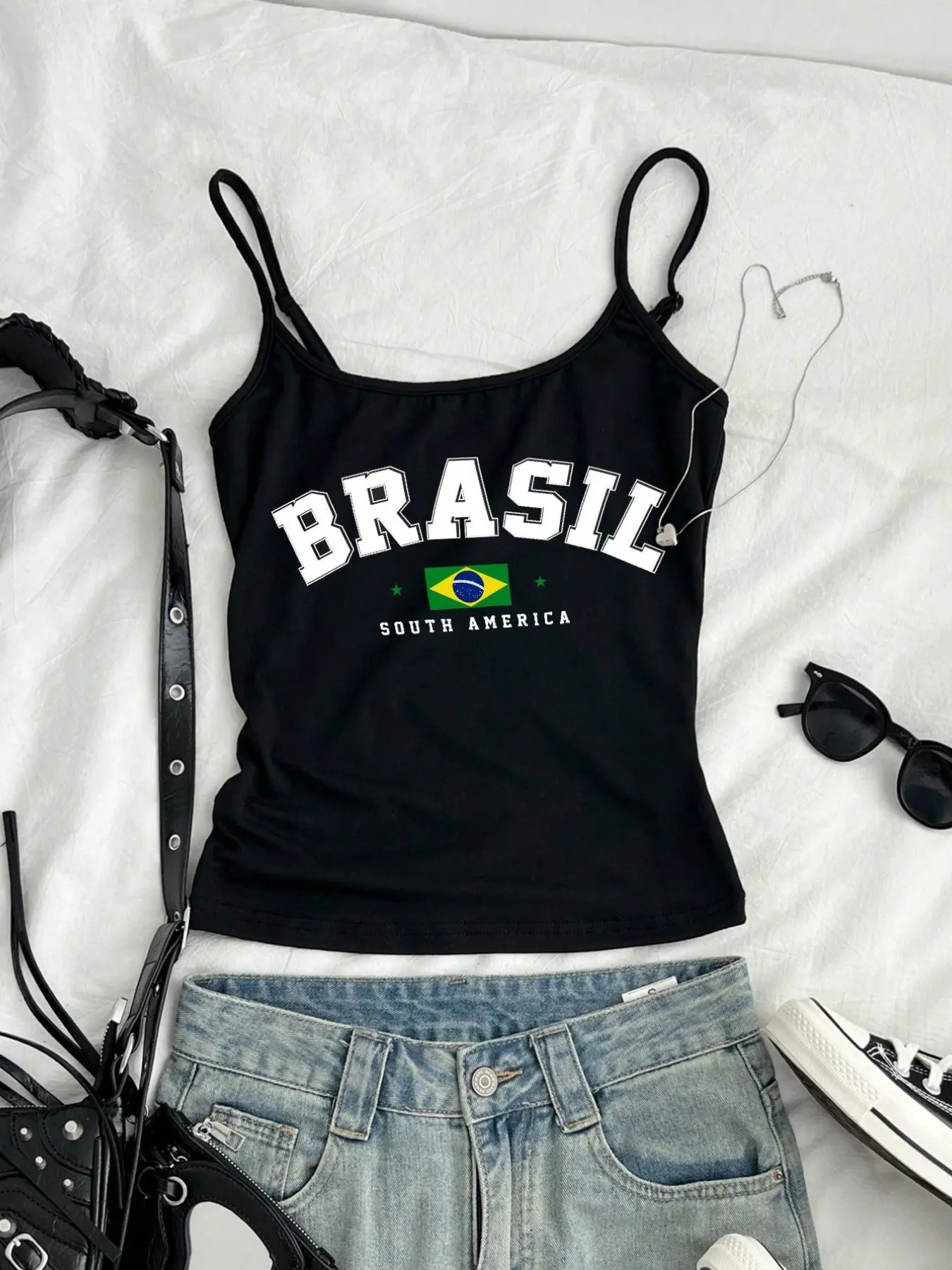 Viral Brasil Flag Graphic, Print Camisole Top - BRASIL SOUTH AMERICA Y2K Spaghetti Strap Cotton Tank Top, Streetwear Cami for Women, Summer Beach Vacation Outfit, Soft Breathable Fabric, Sleeveless Vest for Football Fans & Latina Girls