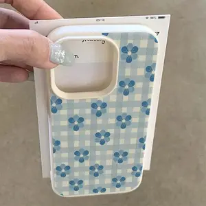 This blue floral checkered phone case features a shock-proof and non-slip TPU textured surface and is compatible with iPhone 17, 16, 15, 14, 13, 12, 11, XS, X series, and other models. It makes a great gift for friends or family.