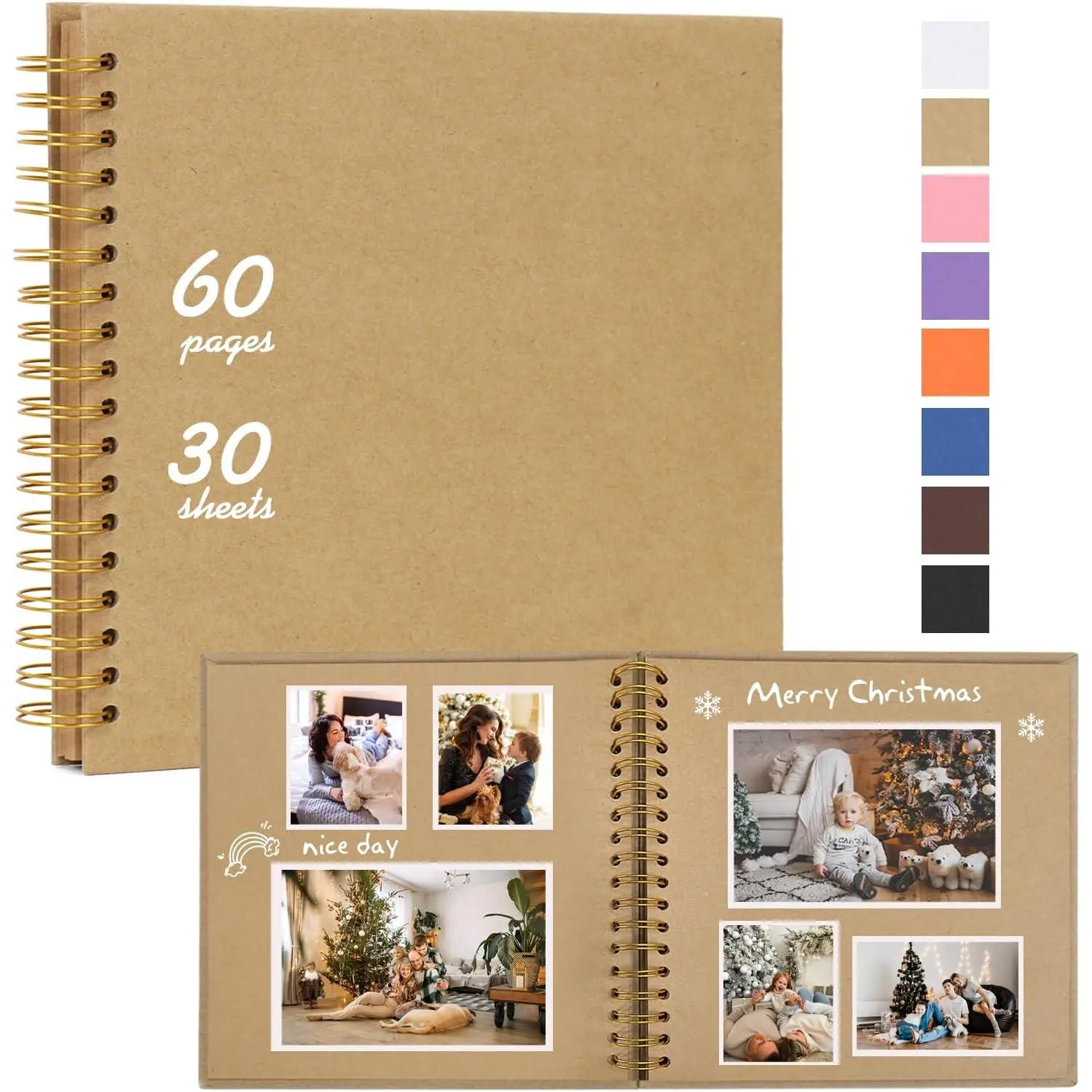 Spiral-Bound Hardcover DIY Scrapbook Album Photo Album, 10x10 in 60 Pages, 200gsm Paper, 360 Sheet Rotation, Brown Memory Keeping Book for Wedding-Anniversary