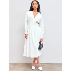 Cider [size 0-10] V-neck Solid Zipper Ruffle Long Sleeve Midi Dress Dealsforyou