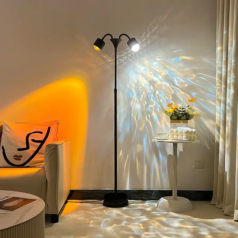 Double-Head RGB Sunset Wave Projector Light | 360° Rotating 3D Ripple Effect | Dimmable Mood Lamp for Bedroom, Living Room, Party - Black Home Decor Ambient Lighting