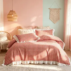 Bohemian Orange Pink Gingham Bedding 3PCS, 1 Duvet Cover + 2 Pillowcases No Insert, Soft Cozy, Girls Bedroom Decoration, Ideal Gift