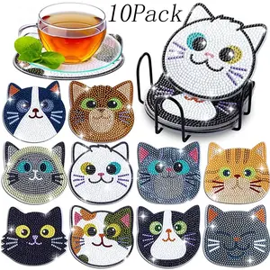 10 Pack Cat-Themed Diamond Art Coasters DIY Kit,DIY Art Set for Adults and Kids,Perfect Valentine's Gift and Fun Craft Activity