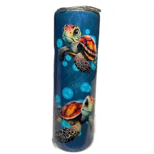 Hogg 30 oz Stainless Steel Turtle Tumbler with Colorful Sea Turtle Design and Blue Bubbles Pattern