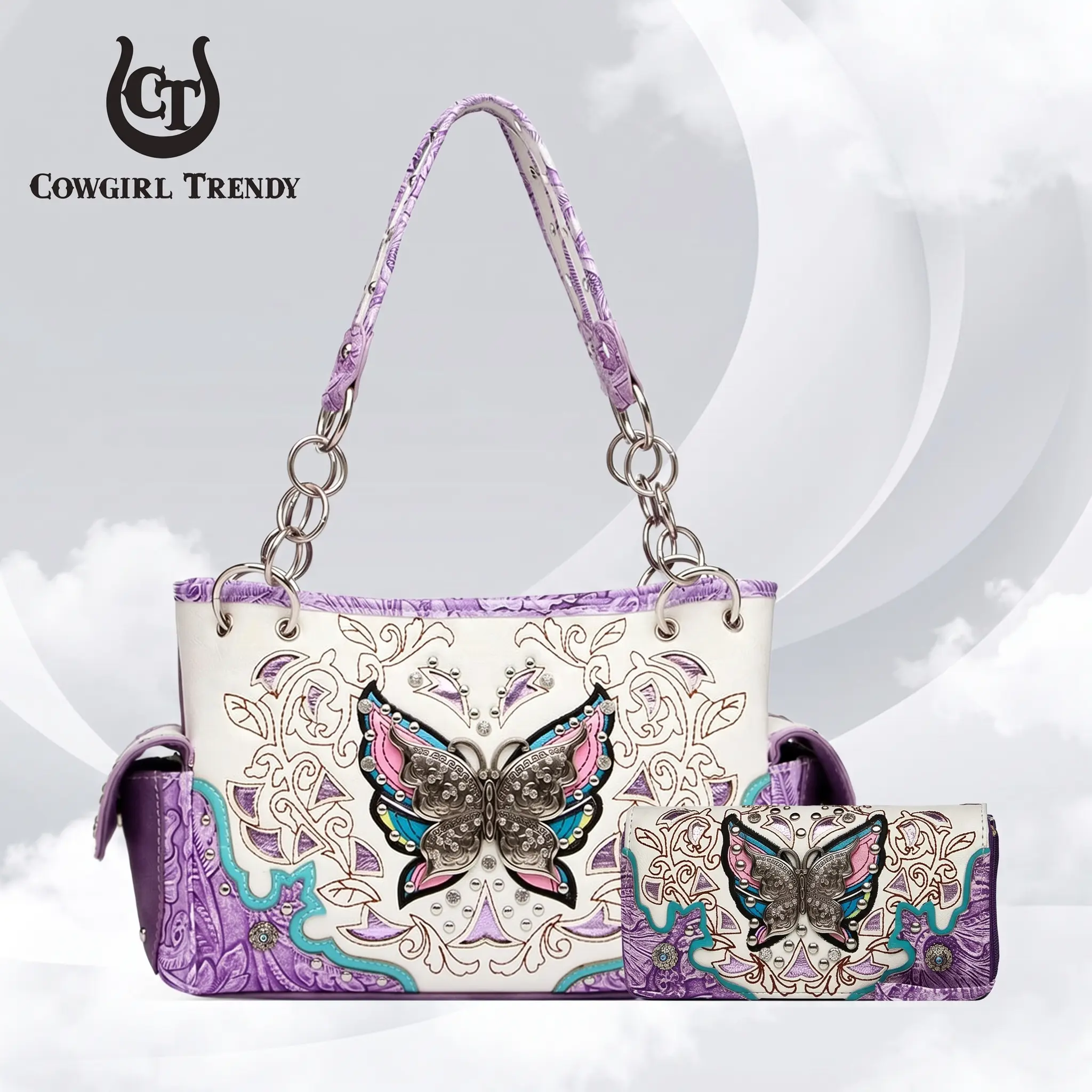 Cowgirl Trendy Western Origin Boho Purple Butterfly Handbag & Wallet 2-Piece Set, Floral Embroidered Rhinestone Studded Shoulder Bag for Women, Casual Western Everyday Purse