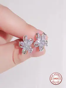 S925 Sterling Silver Flower Stud Earrings for Women, Available in Silver/Gold/Rose Gold. Cubic Zirconia Floral Earrings, Hypoallergenic Sparkling Marquise Zircon Studs. Versatile Exquisite Jewelry Gift for Daily Wear, Parties and Weddings